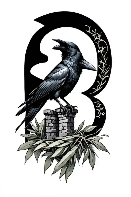 Raven Perched Holding Sage And The Number Three Ruins