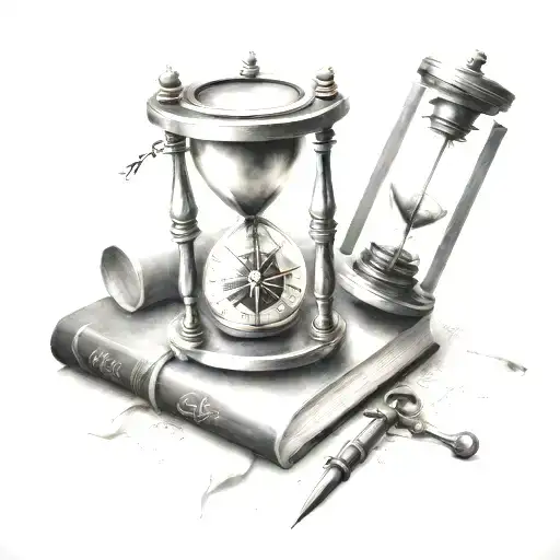 Hyper Realistic Compass And Hourglass Sitting On Books