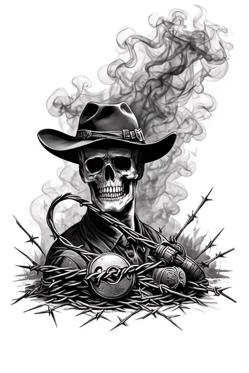Smoke Back Ground With Western Themed Items Morphing Into Barbed Wire