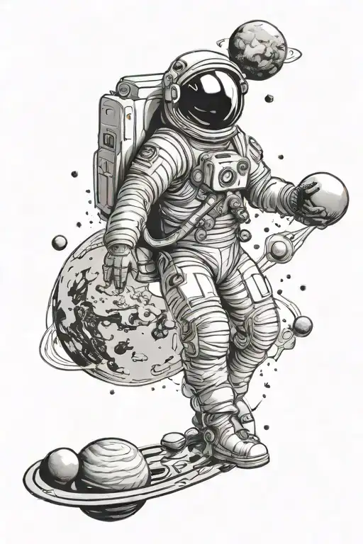 Spaceman Full-length Flying In Space With Planets