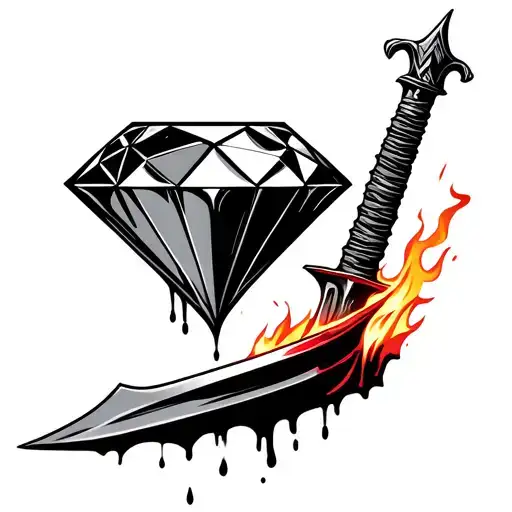 2D Diamond On A Sword Handle On Fire With Blood Dripping From The Tip For Aires