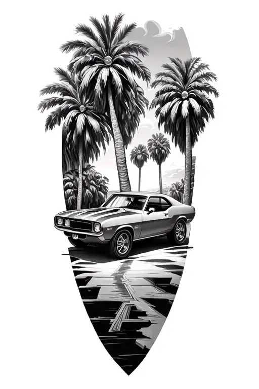 Palm Trees With La And Classic Muscle Car