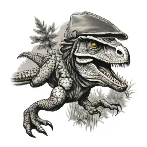 A Realistic Black And Grey Tattoo Of A Velociraptor In A Hunting Pose