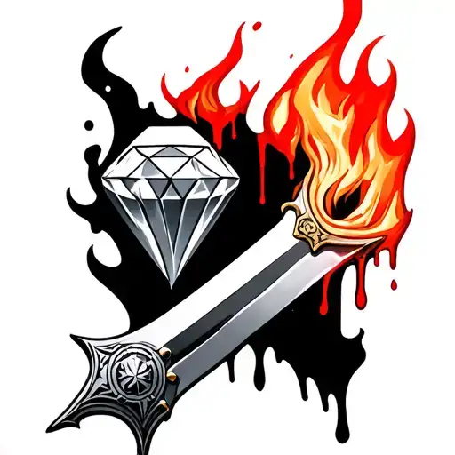 2D Diamond On A Sword Handle On Fire With Blood Dripping From The Tip For Aires