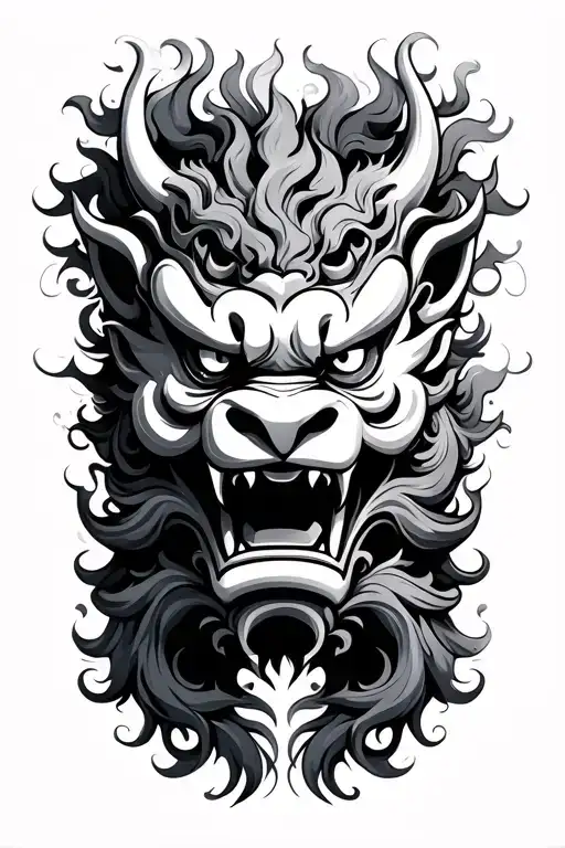 Oni Mask And Foo Dog With Waves And Smoke