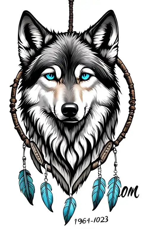 Medium Sized Wolf Head Blue Eyes Inside A Dream Catcher With The Word Mom 1961-2023