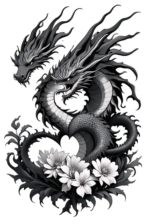 Fire Dragon Intertwined Hearts Flowers Growing