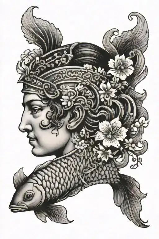 Greek Stature Head With Koi Fish Back Gruond