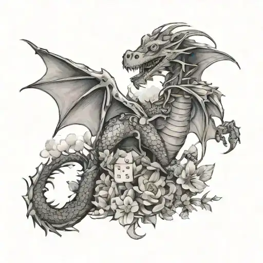 Dragon With Dice Rolling Hills And Wildflowers