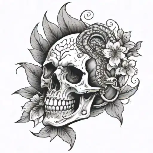 Skull With Fire And Snake And Cherry Blossoms