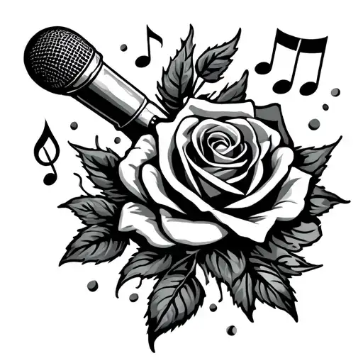 Old Style Microphone With Rose And Music Notes Floating