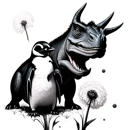 A Triceratops Holding A Penguin In A Dandelion Silhouette