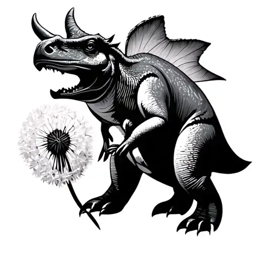 A Triceratops Holding A Penguin In A Dandelion Silhouette