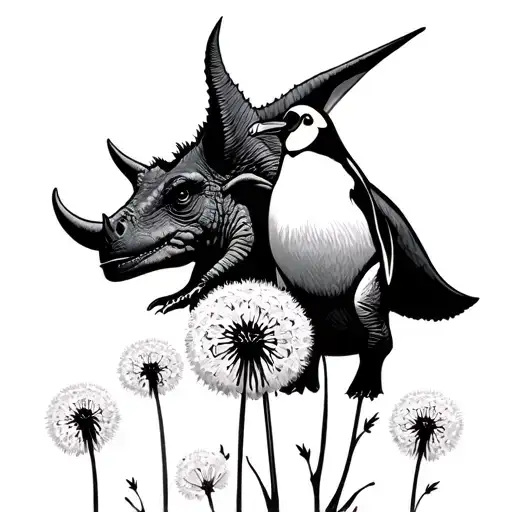A Triceratops Holding A Penguin In A Dandelion Silhouette