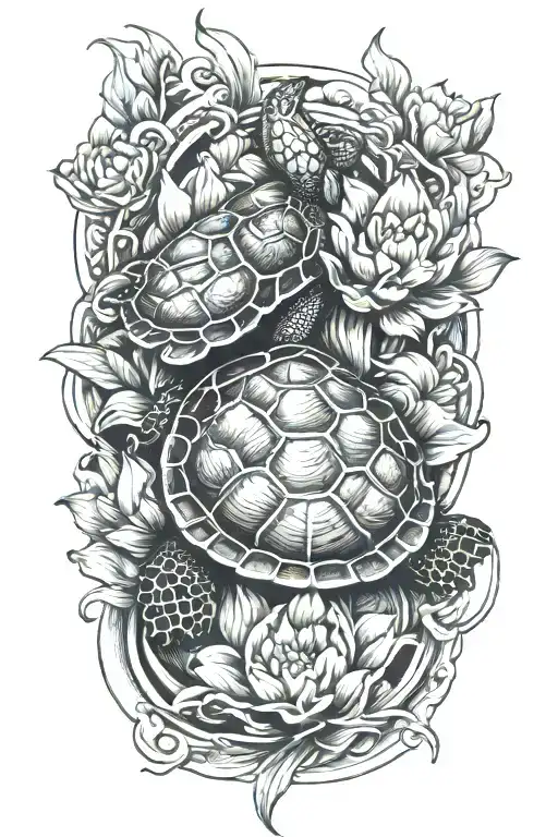 Turtle With Koi Fish And Lotus Flower