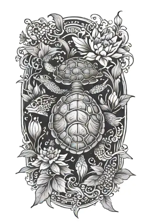 Turtle And Koi Fish And Lotus Flower