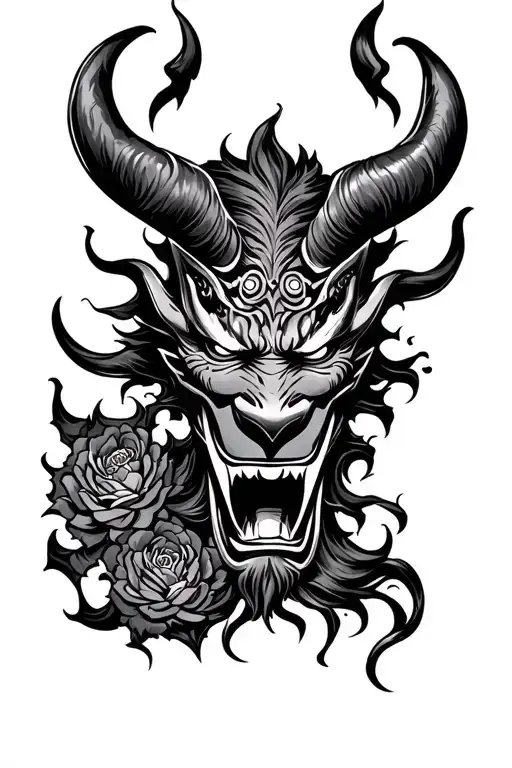 Japanese Arm Sleeve Tattoo Featuring Oni Demon Mask