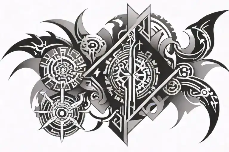 An Abstract Tattoo Design Featuring A Mix Of Tech Symbols And Tribal Patterns