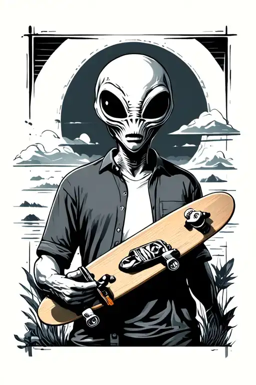 An Alien In A Summer Shirt In One Hand Holds A Jamb And In The Other Longboard