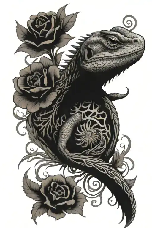 Bearded Dragon Skeleton Surround By Flowers Growing