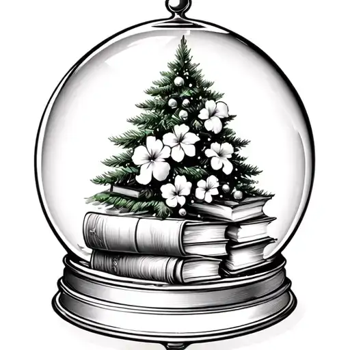 Snow Globe With A Christmas Tree With Books And Hibiscus Flowers In It