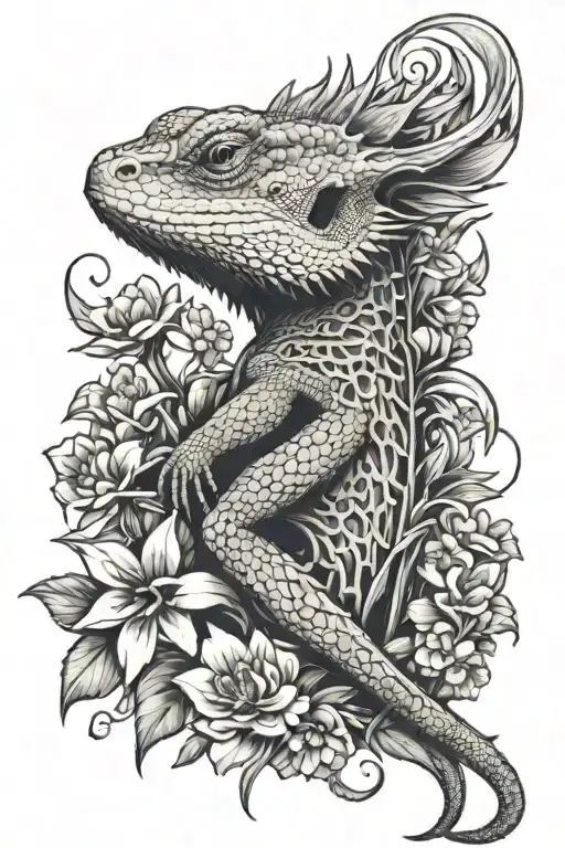 Bearded Dragon Skeleton Surround By Flowers Growing