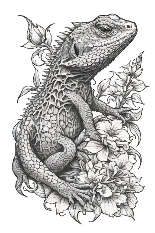 Bearded Dragon Skeleton Surround By Flowers Growing