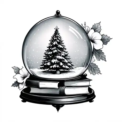 Snow Globe With A Christmas Tree And Books And Hibiscus Flowers
