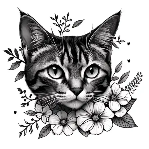Fineline Outline Of My Cat With Flowers