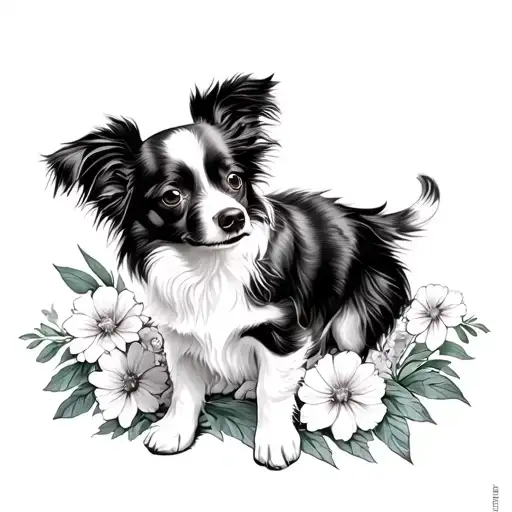 Papillon Dog With Flowers