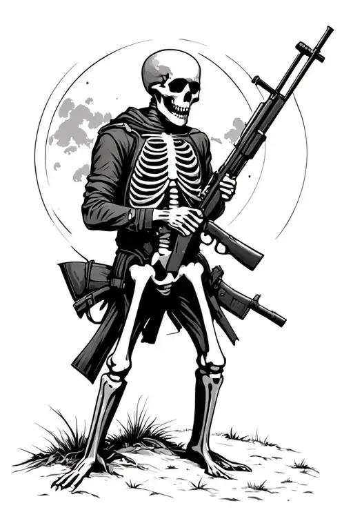 A Hunter As A Skeleton Holding A Rifle In The Moonlight