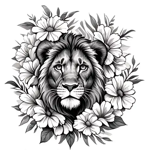 Africa Outlined Tattoo With Flowers Lion Cub Surrounded