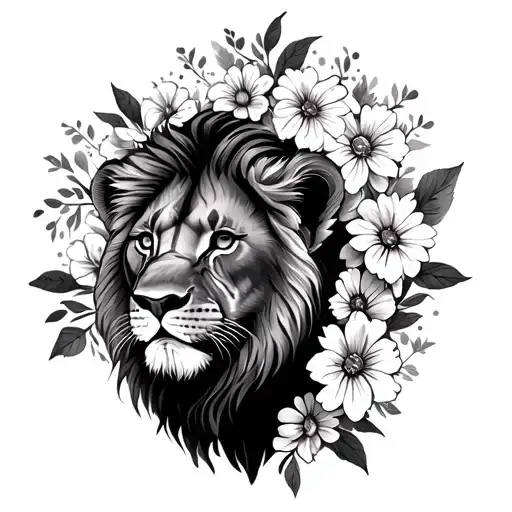 Africa Outlined Tattoo With Flowers Lion Cub Around