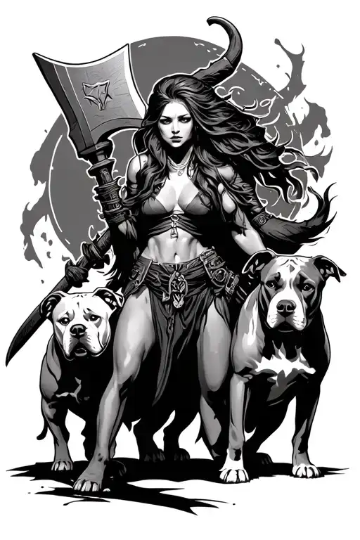 Women Demon Slayer Wielding His Battle Axe Guarded By Two Pit Bulls