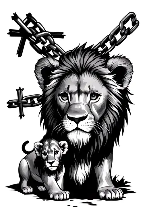Baby Lion Cub And Lion Head With A Cross Chain Wrapped