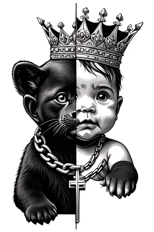 Half A Baby Lipn Cub And Half A Lipn Head With A Crown And A Christian Chain