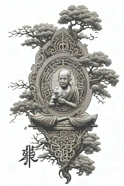 Chinese Letters With Monk And Tree Of Life With Meditation Things