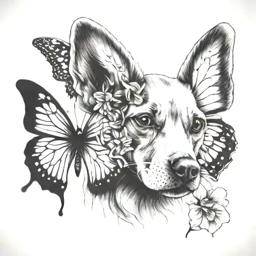 A Tattoo Of A Dog And A Butterfly Representing Adoption And Transformation