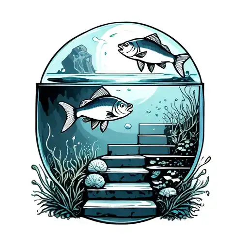 Two Fish In A Tank Going Up Stairway