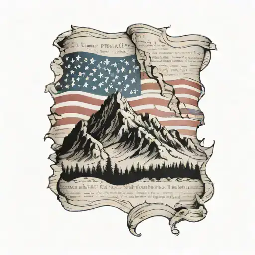 An American Flag Made Of Bible Pages With A Mountain Silhouette In The Background