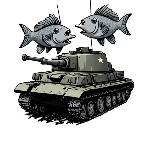 Two Confused Cartoon Fish Inside An Army Tank