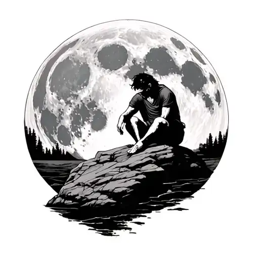 Sad Man Sitting On A Rock In Front Of A Huge Detailed Moon