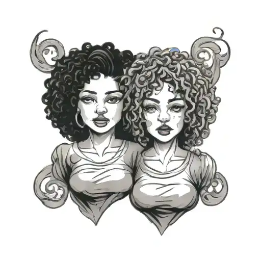 Mother Is Two Daughters With Curly Hair And Identical Clothes