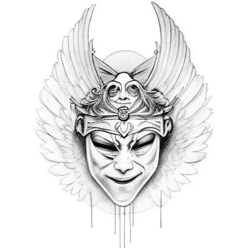 Theater Broken Mask Smiling And Crying With An Angel Halo Above His Head And Tears Falling