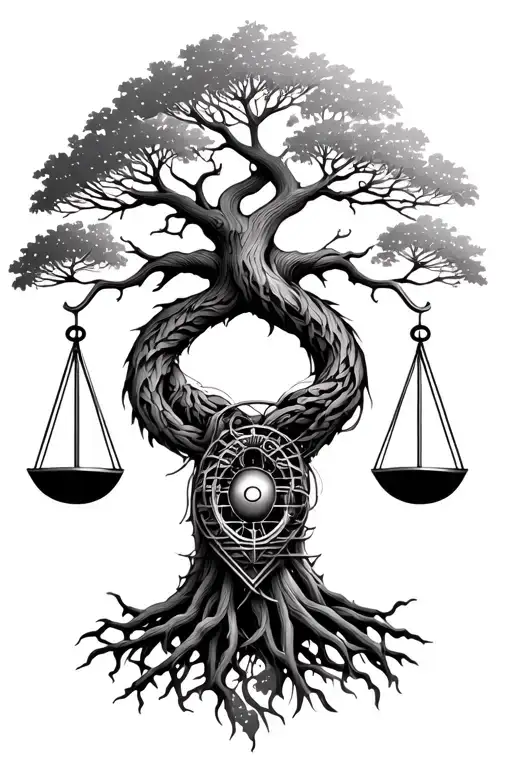 Tree Of Life Intertwined With Libra Scale And V-twin Engine