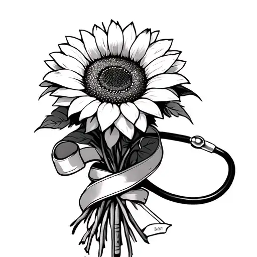 A Sunflower Bouquet Wrapped With A Stethoscope And Kpop-inspired Ribbons