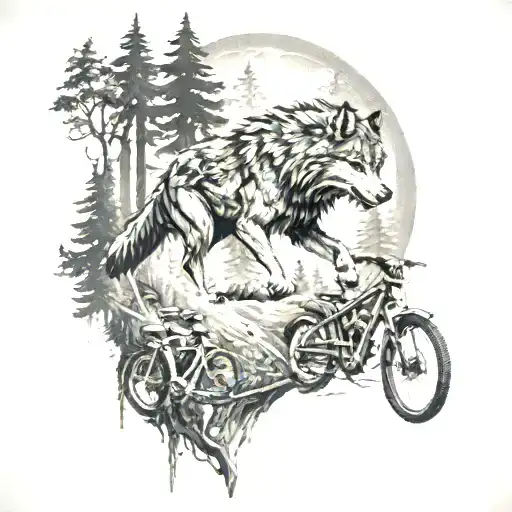 A Detailed Black And Grey Tattoo Of A Wolf Leading A Pack Of Mountain Bikers Through A Forest