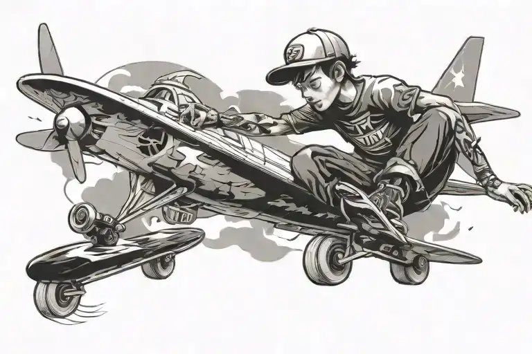 Artistic Boy Skateboarding With Airplane