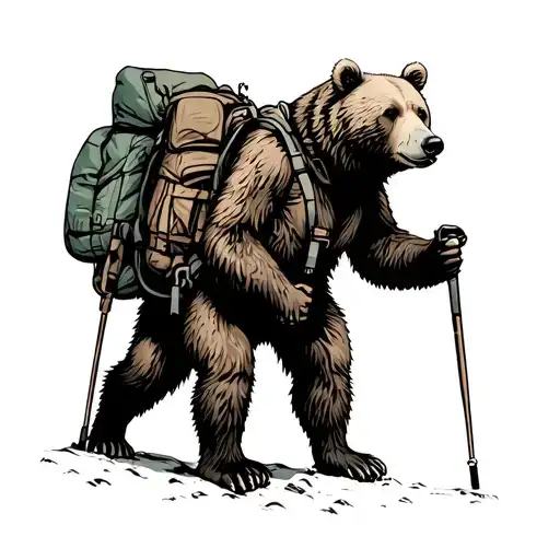 Hiking Bear With Poles Fine Line