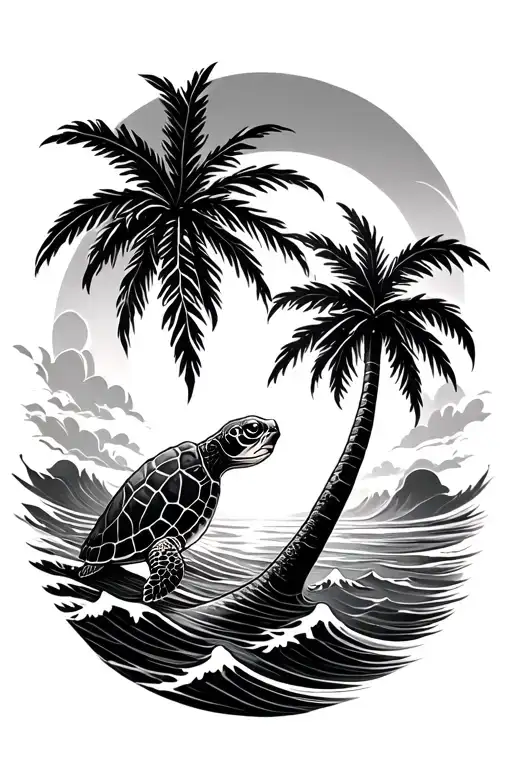 Palm Tree Sun Wave Sea Turtle